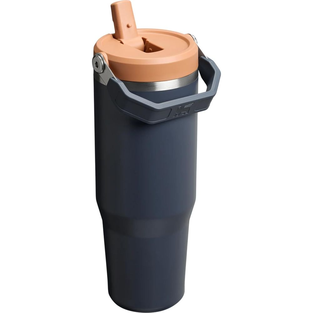 Şeftali renkli kapaklı ve pipetli koyu gri termos bardak. Gri kulplu.