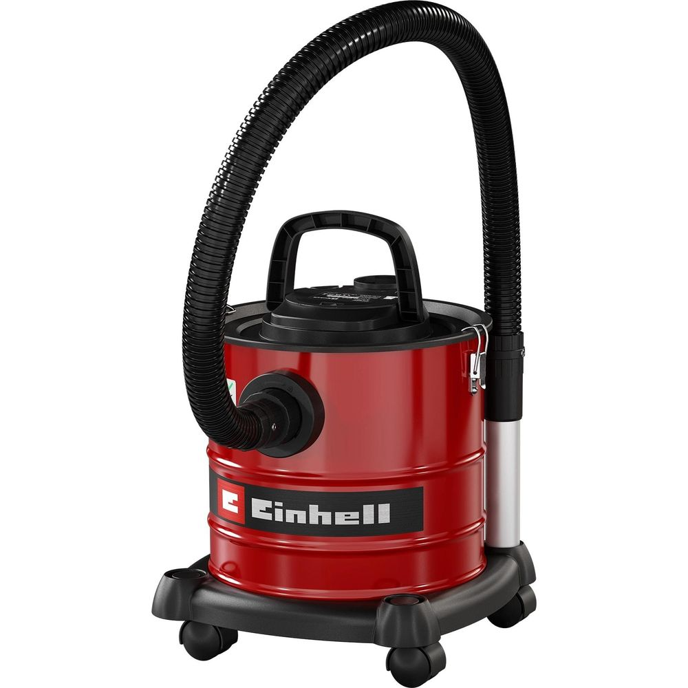Roter Einhell Nass-/Trockensauger mit schwarzem Schlauch und Griff auf Rädern.