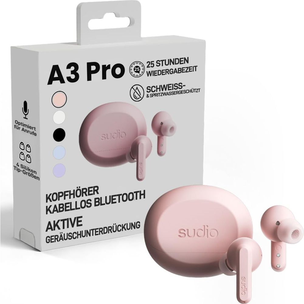 Un set di cuffie Sudio A3 Pro rosa con custodia di ricarica e due auricolari.