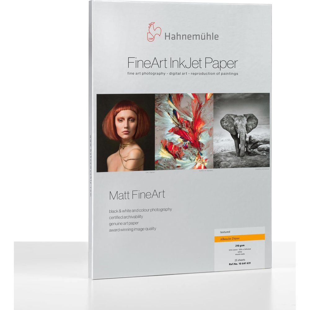 Hahnemühle FineArt InkJet Paper Verpackung mit drei Kunstbildern: Frau, abstrakte Kunst und Elefant.