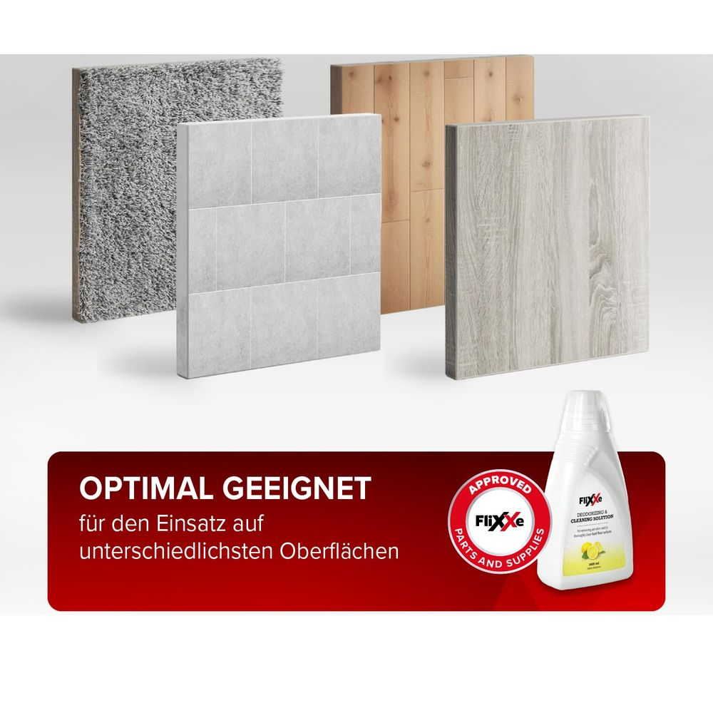 Vier Oberflächenproben: Teppich, Fliesen, Holz und Holzoptik. Daneben eine Flasche Reinigungsmittel.