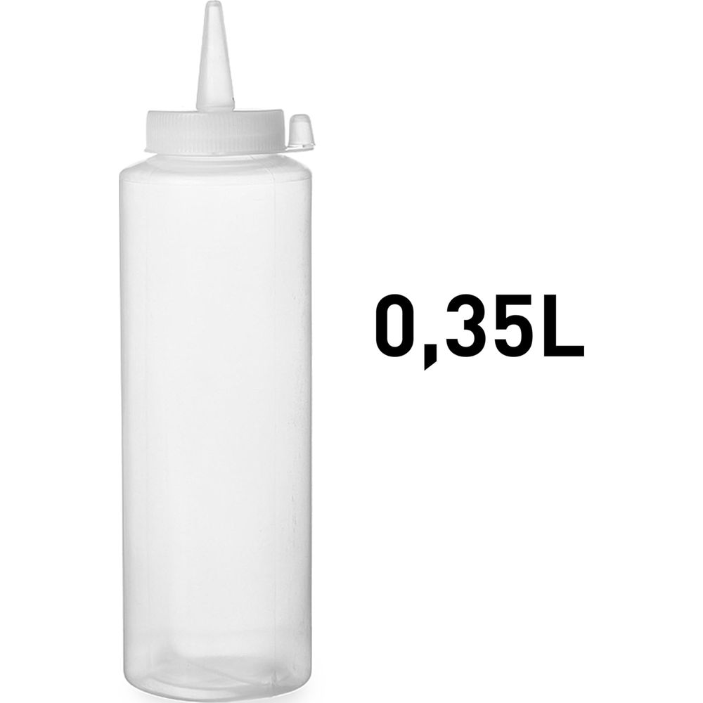 Un dispenser a flacone squeeze trasparente con tappo bianco e marchio 0,35L.