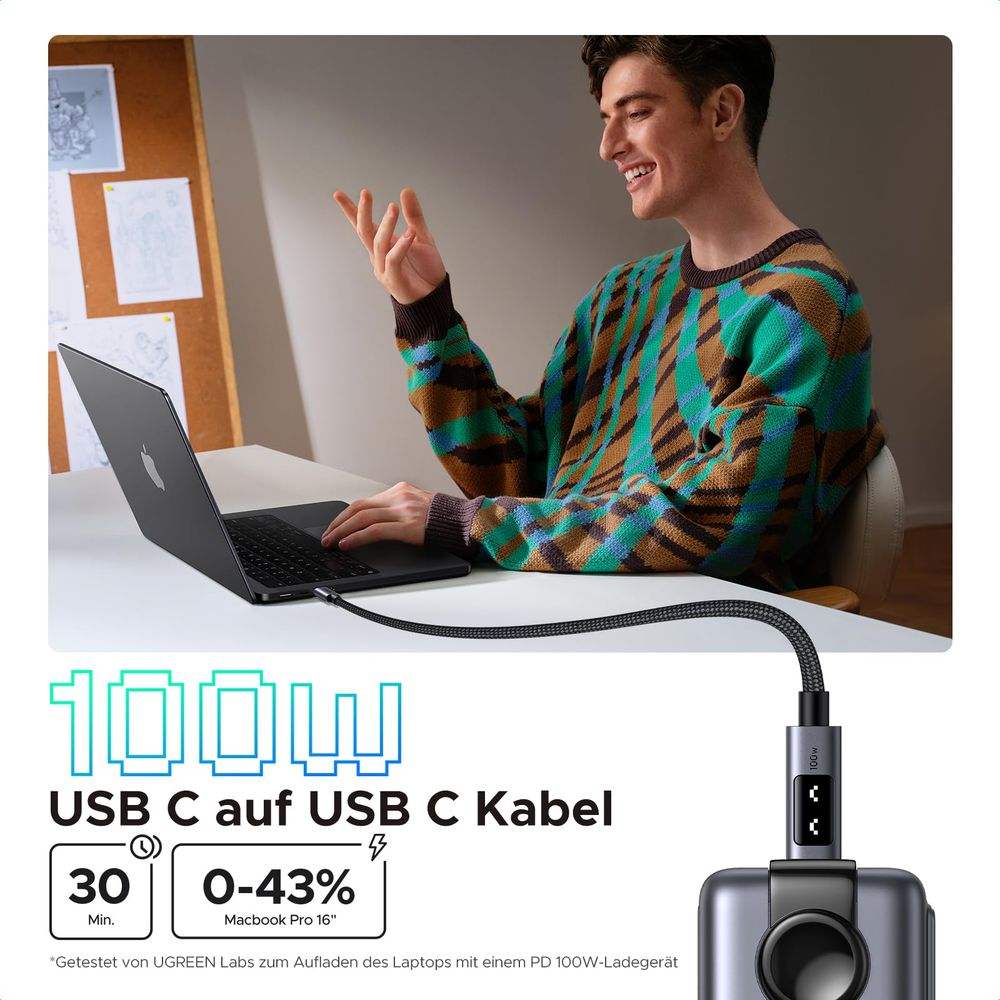 Uomo carica MacBook Pro 16" con cavo USB C da 100W. 30 min per 0-43%.