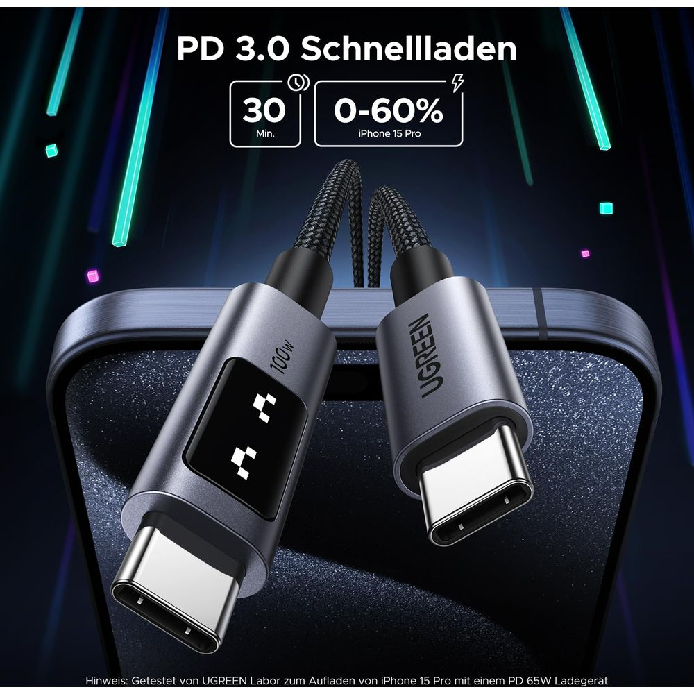 Cavo di ricarica UGREEN con ricarica rapida PD 3.0, 30 min per 0-60% iPhone 15 Pro.