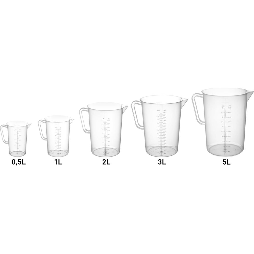 Cinque caraffe graduate trasparenti con manici e scale, da 0,5L a 5L.