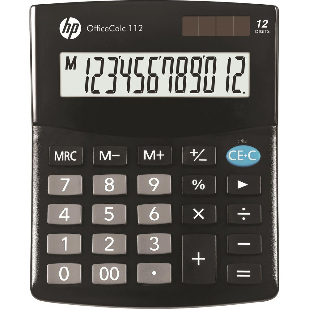 Calcolatrice HP OfficeCalc 112 nera con tasti numerici 0-9, +, -, =, e funzioni di memoria.