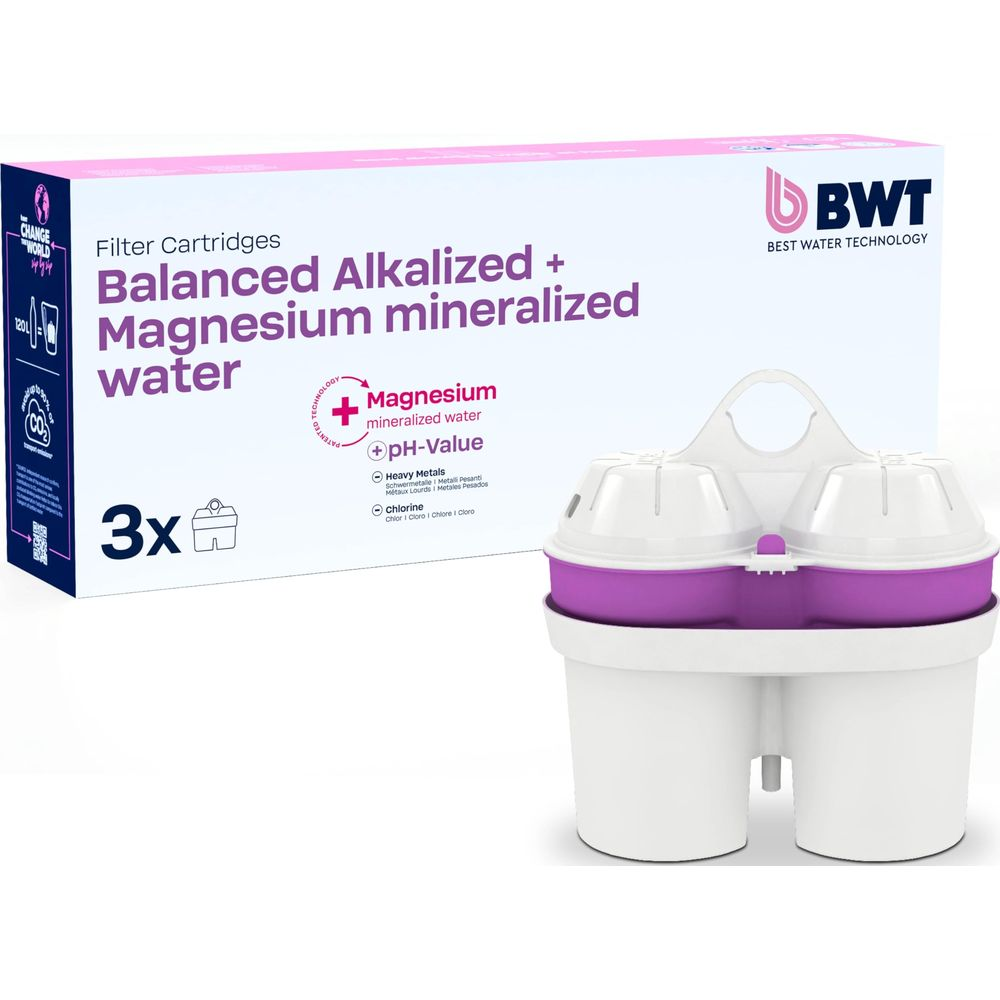 BWT-Filterkartuschen-Box und Wasserfilterkrug mit lila Rand.