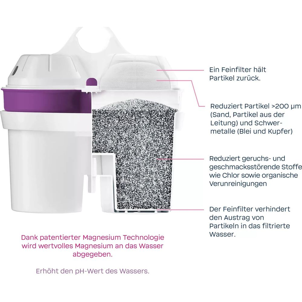 Schnittdarstellung eines Wasserfilters mit Granulat und Filtern. Zeigt Filterelemente und ihre Funktionen.