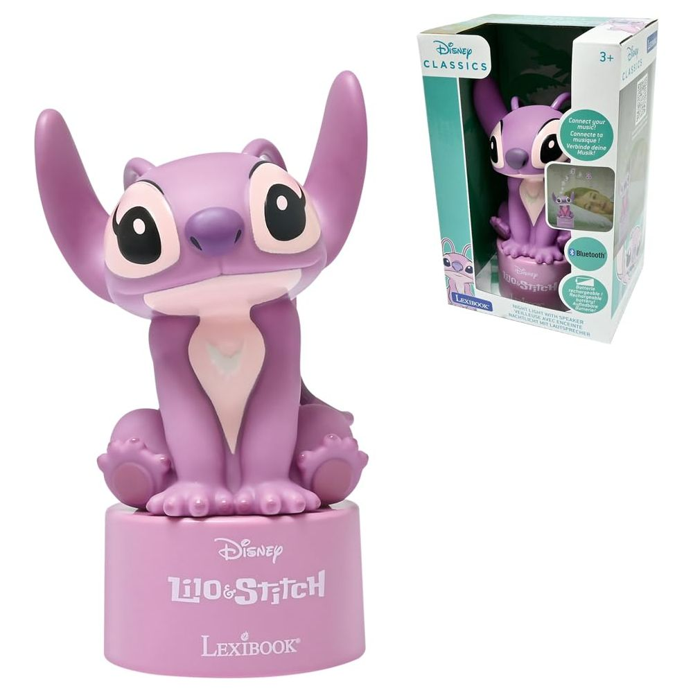 Statua viola di Stitch con altoparlante e confezione.