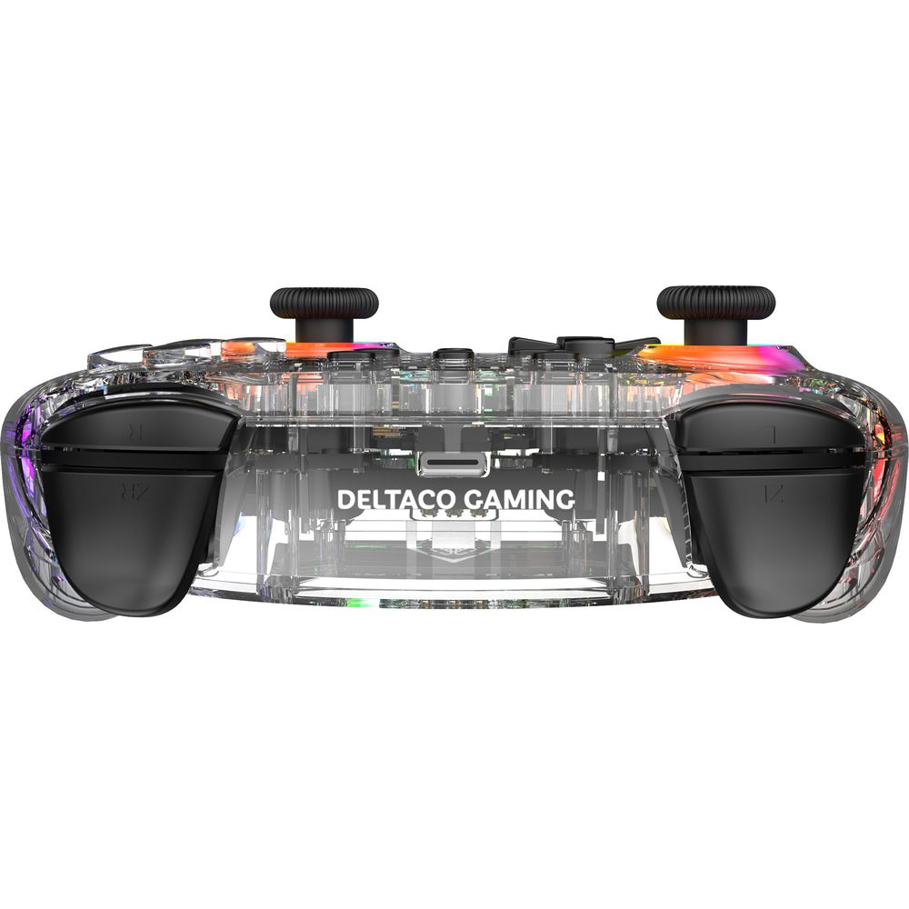 Transparenter Gaming-Controller mit Lichtern und zwei Joysticks.