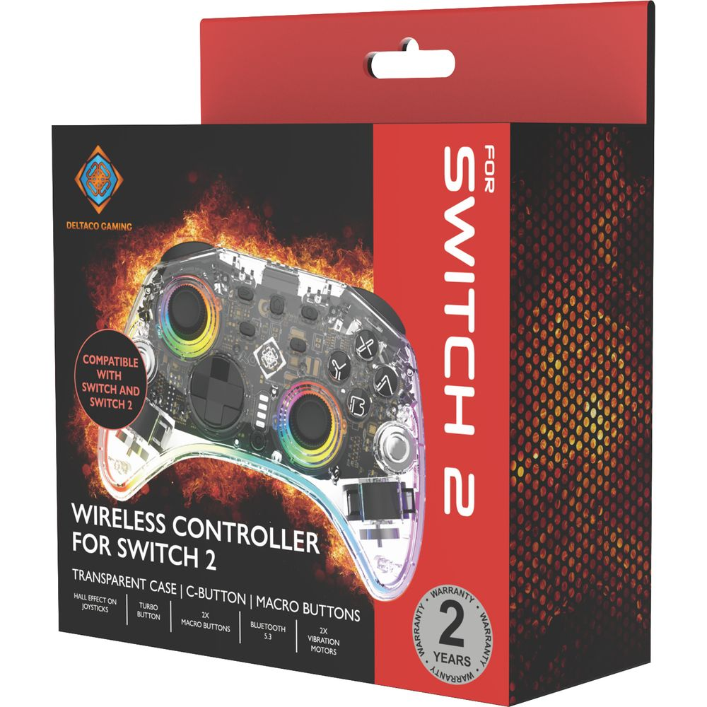 Transparenter kabelloser Controller für Switch 2 mit leuchtenden Ringen und Flammenmotiv.