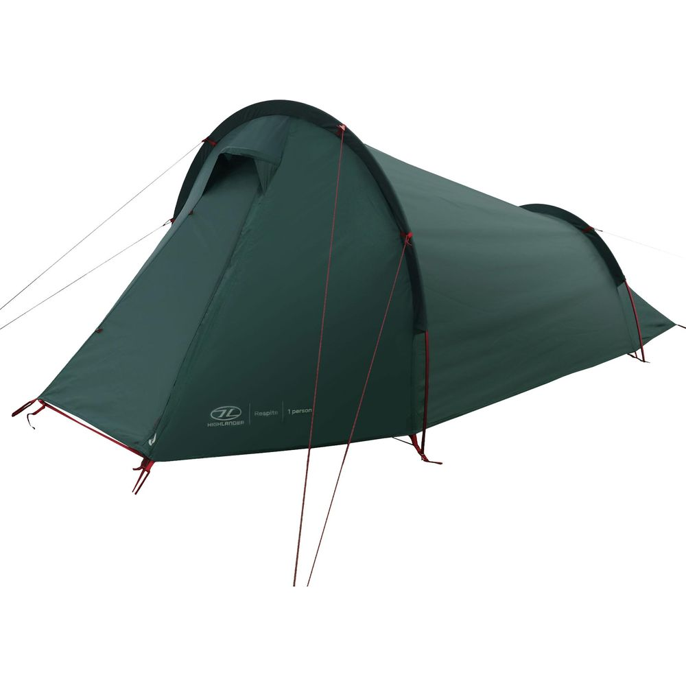 Una tenda verde per 1 persona con picchetti rossi e bordo nero.