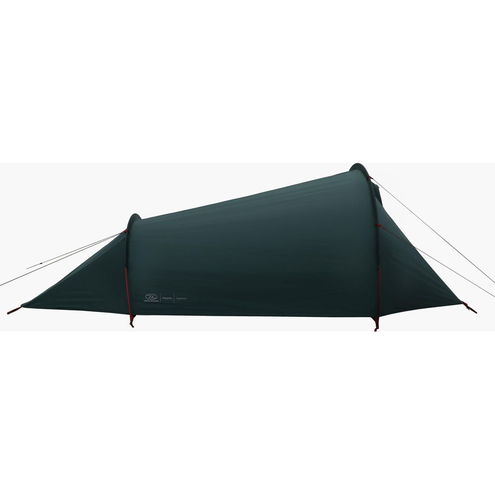 Una tenda singola verde scuro con pali e picchetti rossi.