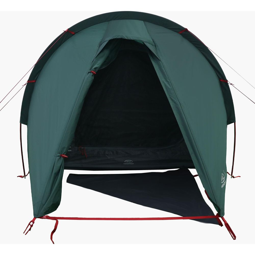 Tenda verde scuro con profili rossi e telo nero.