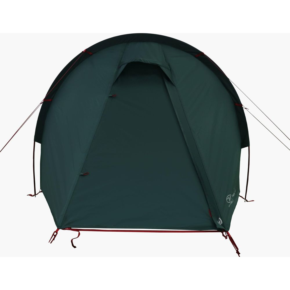 Una tenda verde scuro con accenti rossi, la patta d'ingresso è aperta.