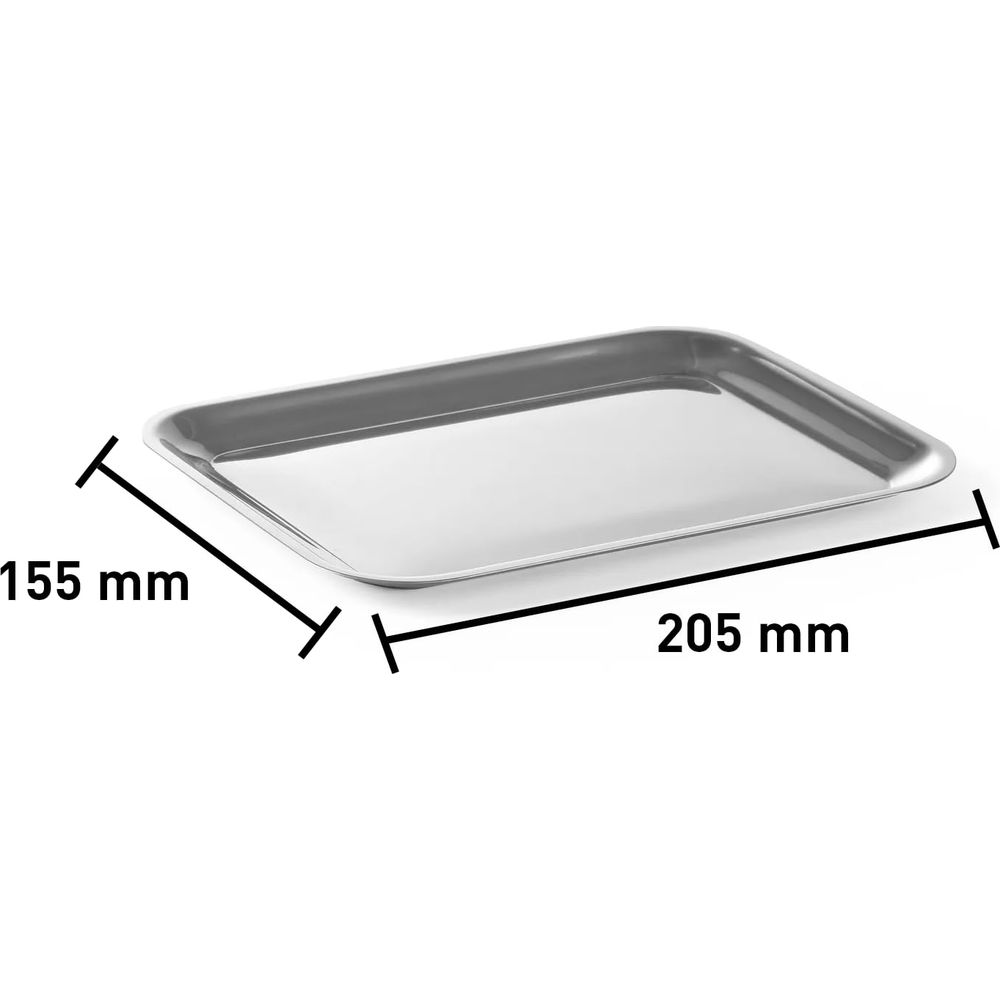 Un vassoio rettangolare argentato di 205 mm x 155 mm.