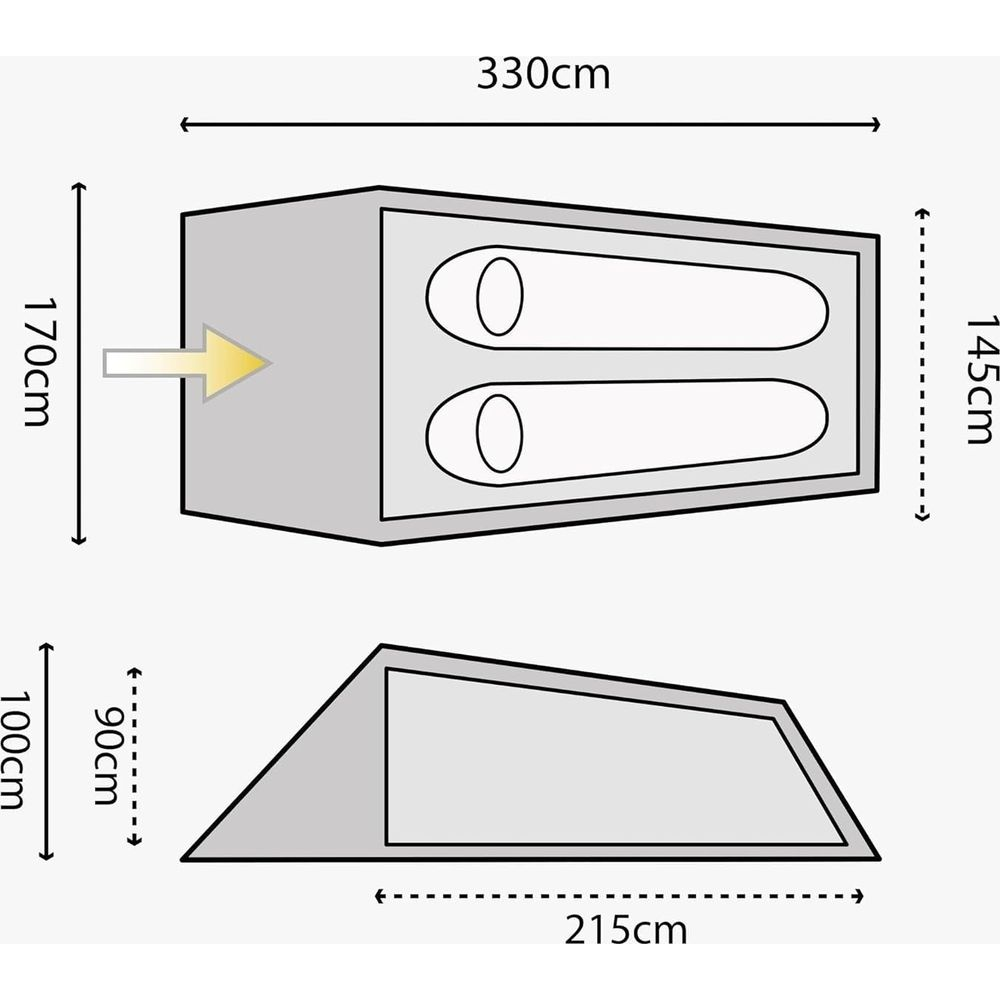 Diagramma che mostra le dimensioni della tenda: 330x170x145cm (LxLxA) e 215cm di base.