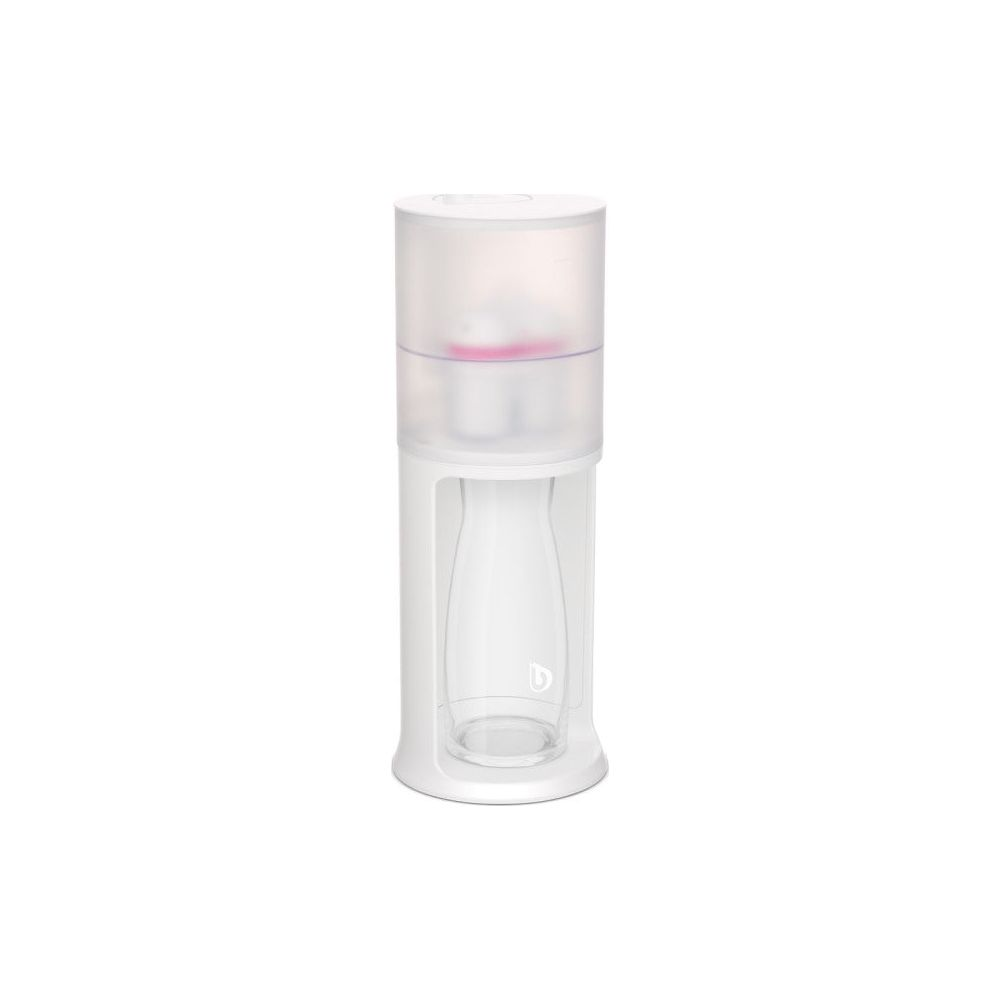 Ein weißer Flaschenreiniger mit einem transparenten oberen Behälter und einem Glasbehälter.