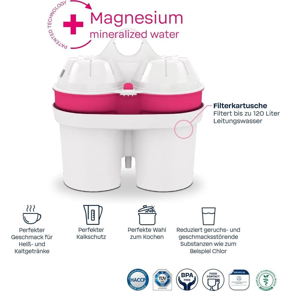 Ein weißer Wasserfilter mit rosa Akzenten, der Magnesium-mineralisiertes Wasser produziert.