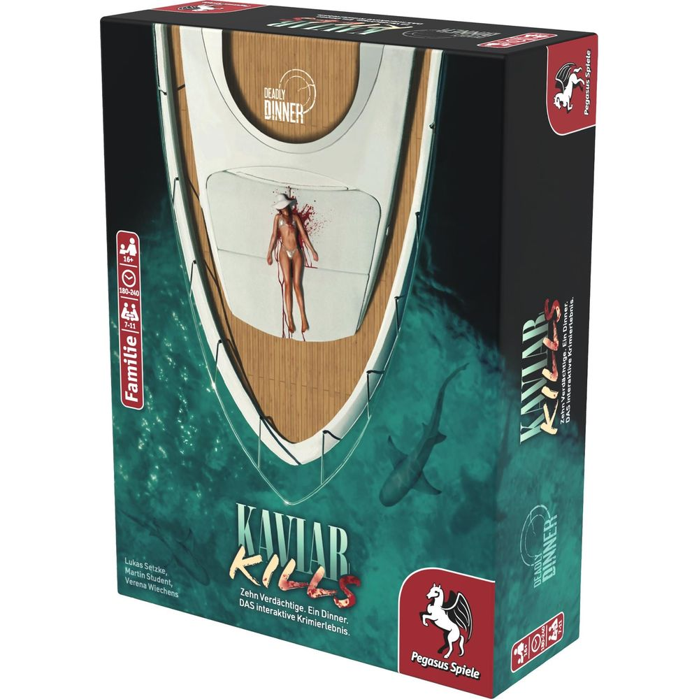 Scatola gioco da tavolo: Donna giace sanguinante sul ponte di uno yacht, squalo nuota sotto.