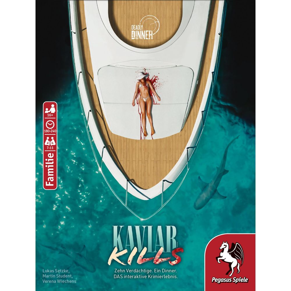 Persona morta sul ponte dello yacht, pozza di sangue, squali nel mare, copertina del gioco.