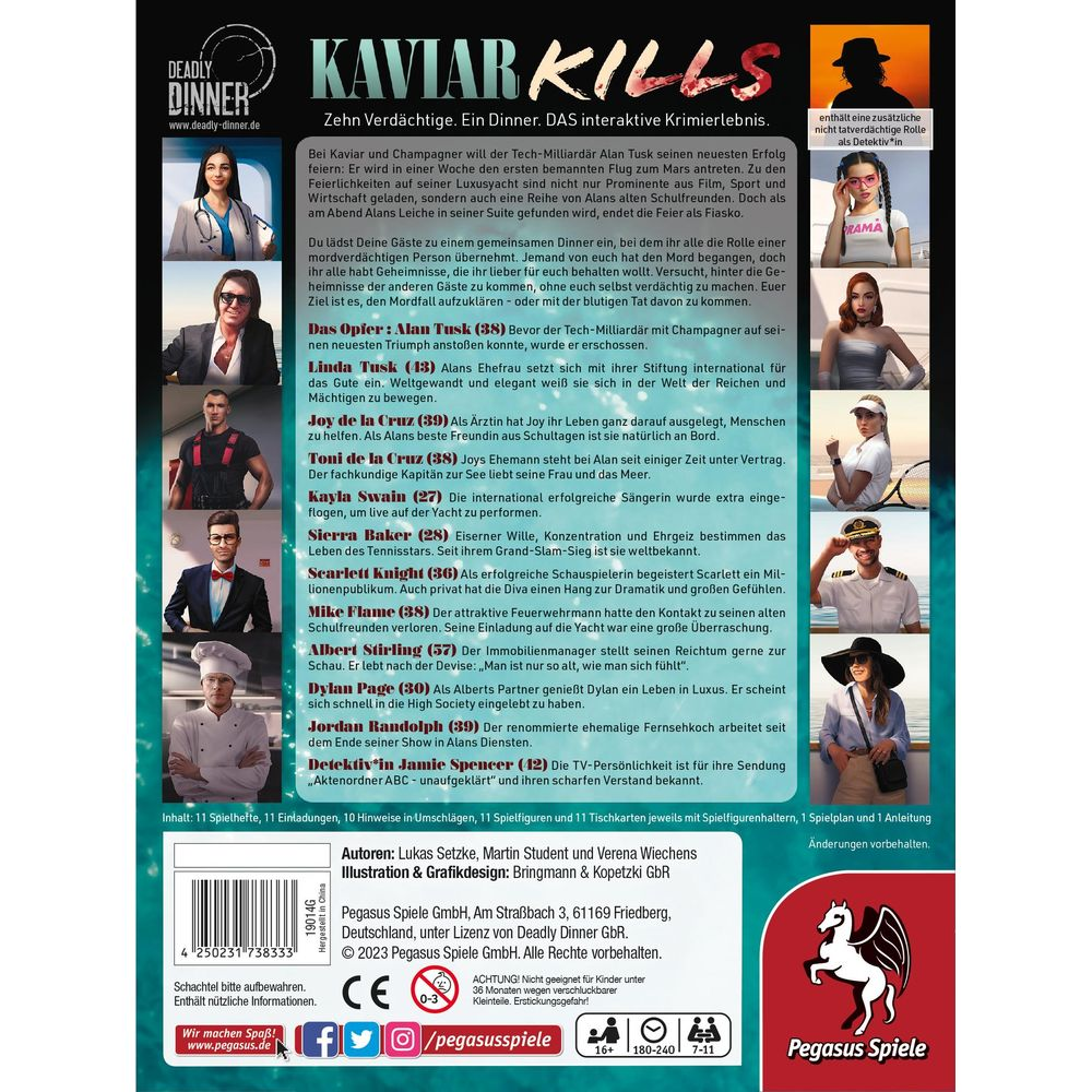 Copertina del gioco 'Deadly Dinner: Kaviare Kills' con immagini dei personaggi e descrizione.