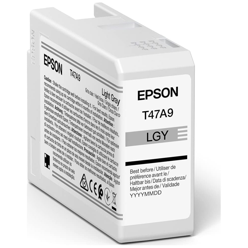 Une cartouche d'encre Epson grise T47A9 avec étiquette LGY et instructions.