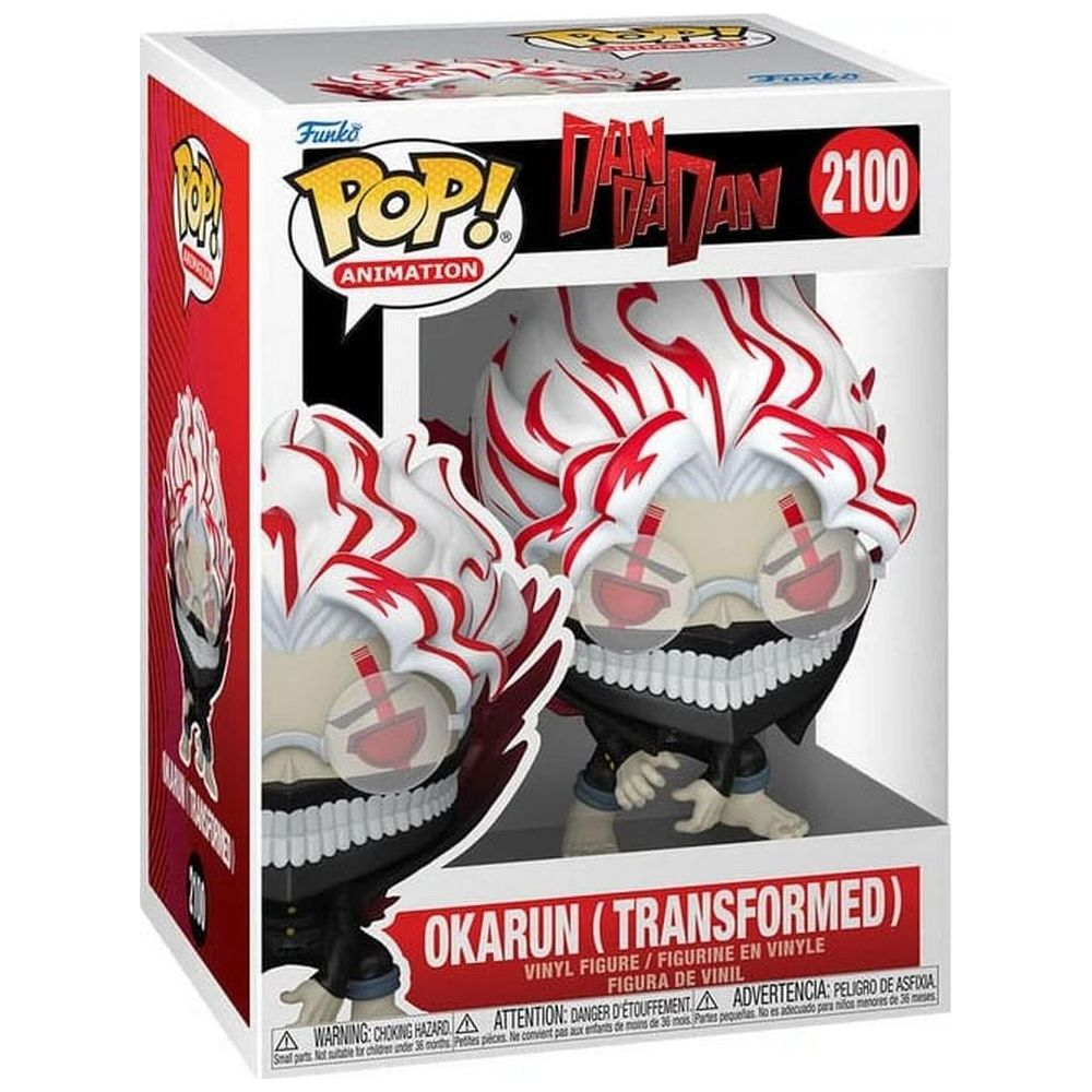 Action figure Funko Pop! Okarun (Transformed) da Dan Da Dan, capelli bianchi e rossi.