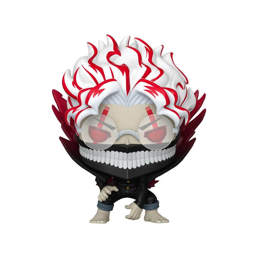 Una figura con capelli bianchi a strisce rosse, occhiali e maschera.