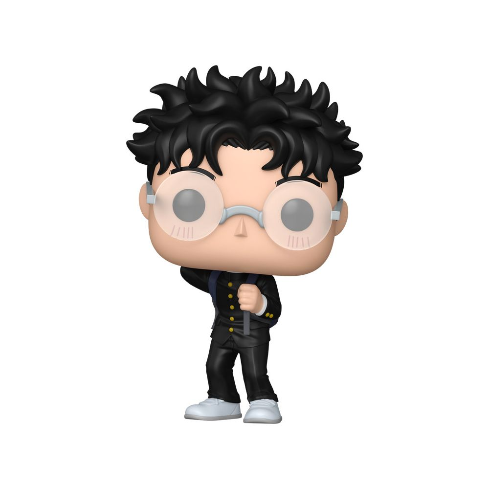 Una figuretta Funko Pop di un ragazzo con capelli neri a spillo e occhiali rotondi che indossa un completo.