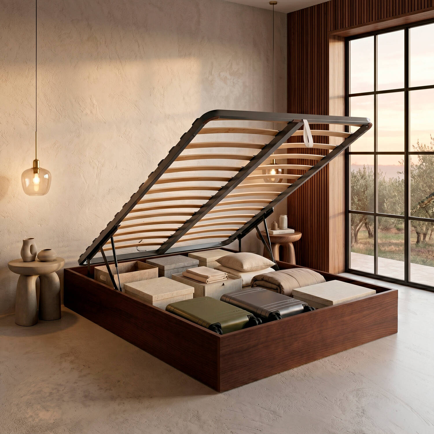 Cama abierta con almacenamiento, colchones, almohadas, cajas y equipaje. Dormitorio moderno.