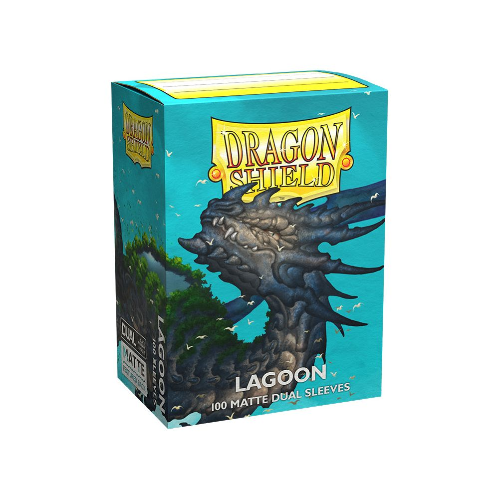 Eine blaue Schachtel mit einem Drachen und der Aufschrift "Dragon Shield Lagoon".