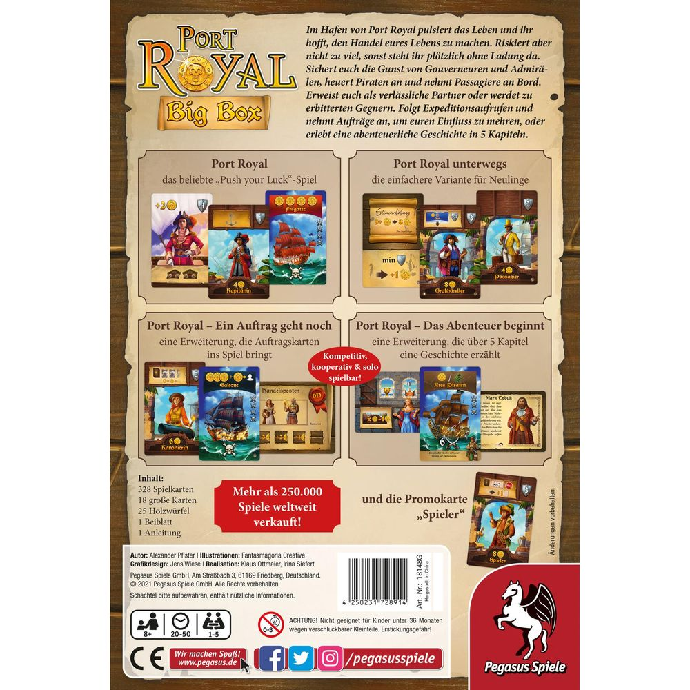 Rückseite der Port Royal Big Box mit Spielbeschreibung, Inhalt und Logos.