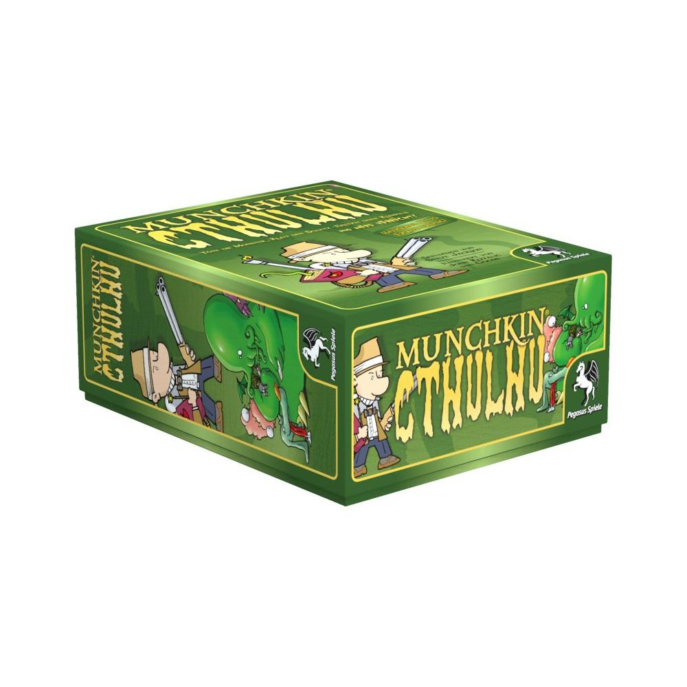 Grüne Spielschachtel mit der Aufschrift Munchkin Cthulhu, zeigt Monster und Abenteurer.