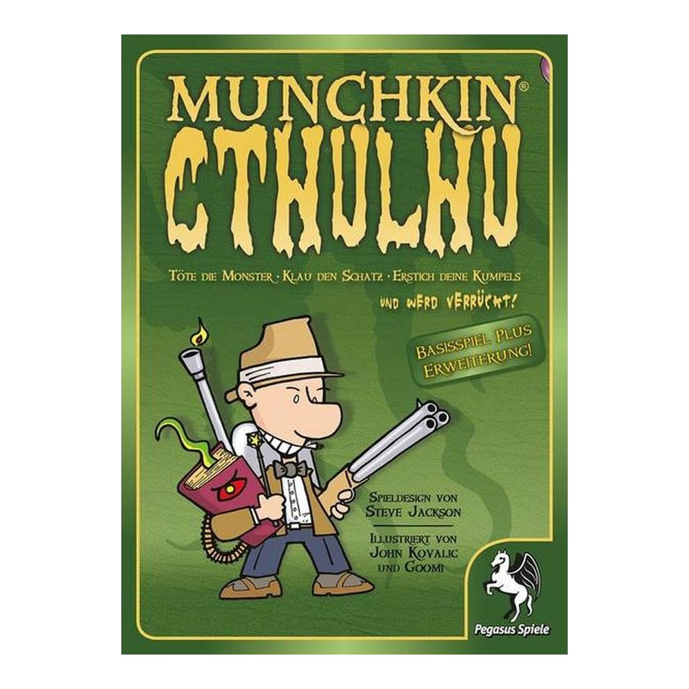 Munchkin Cthulhu Spielbrett mit Cartoon-Figur, die Gewehr hält.