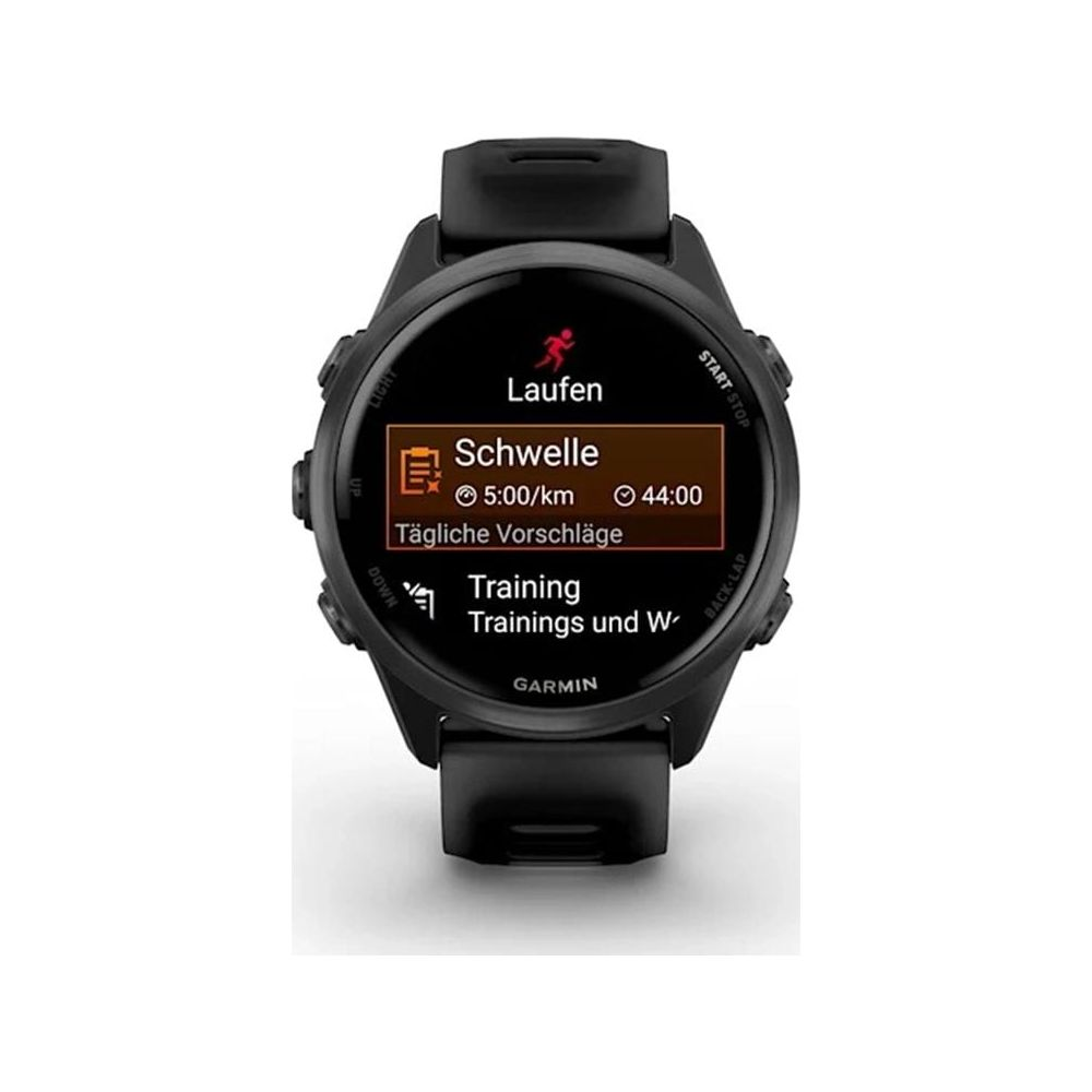 Czarny zegarek sportowy Garmin wyświetlający dane treningowe.