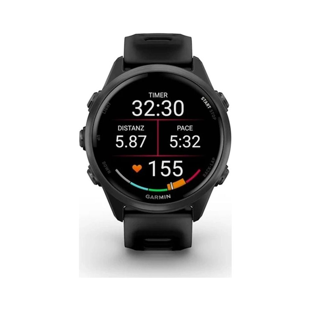 Czarny zegarek sportowy Garmin z tętnem 155, dystansem 5.87 i tempem 5:32.