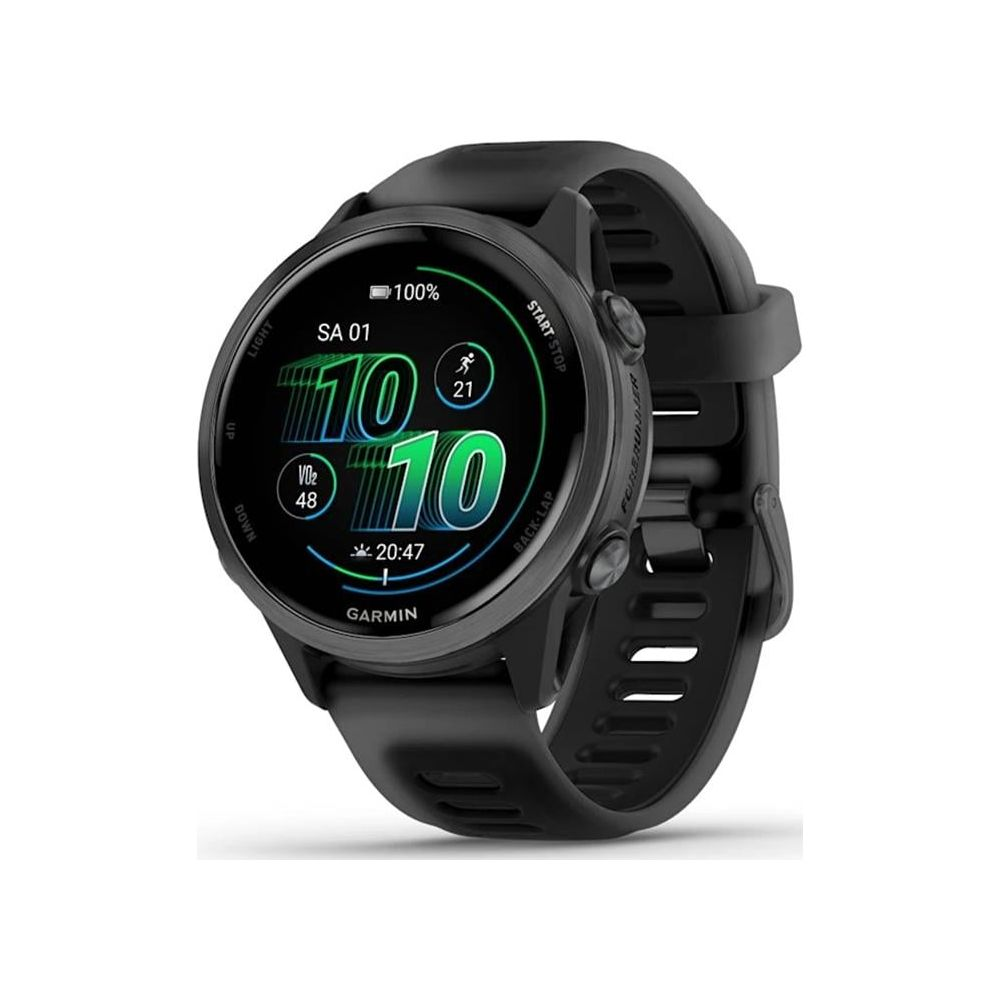 Czarny zegarek Garmin Forerunner z cyfrowym wyświetlaczem pokazującym czas, VO2 max i 100% baterii.