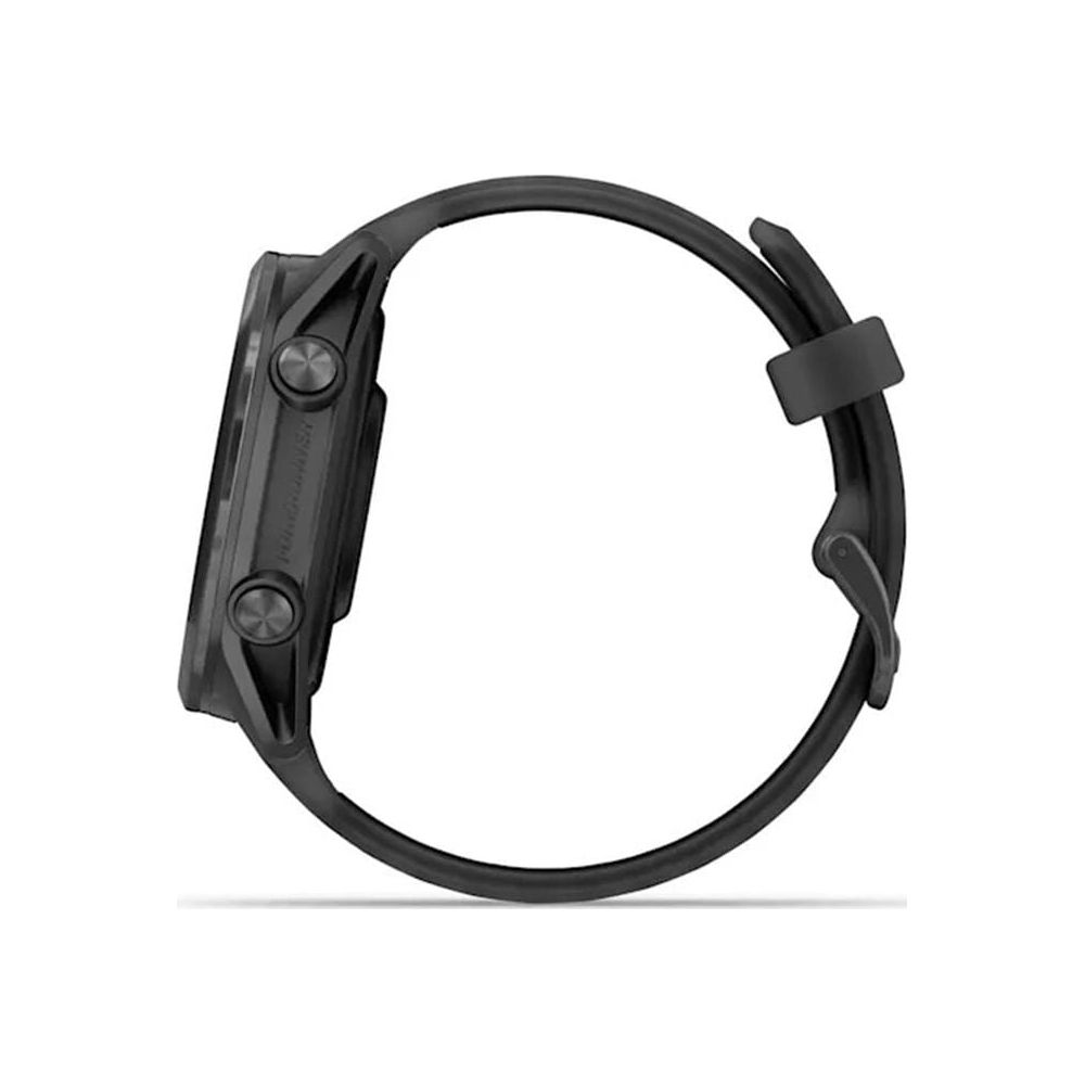 Czarny smartwatch z paskiem, widok z boku.