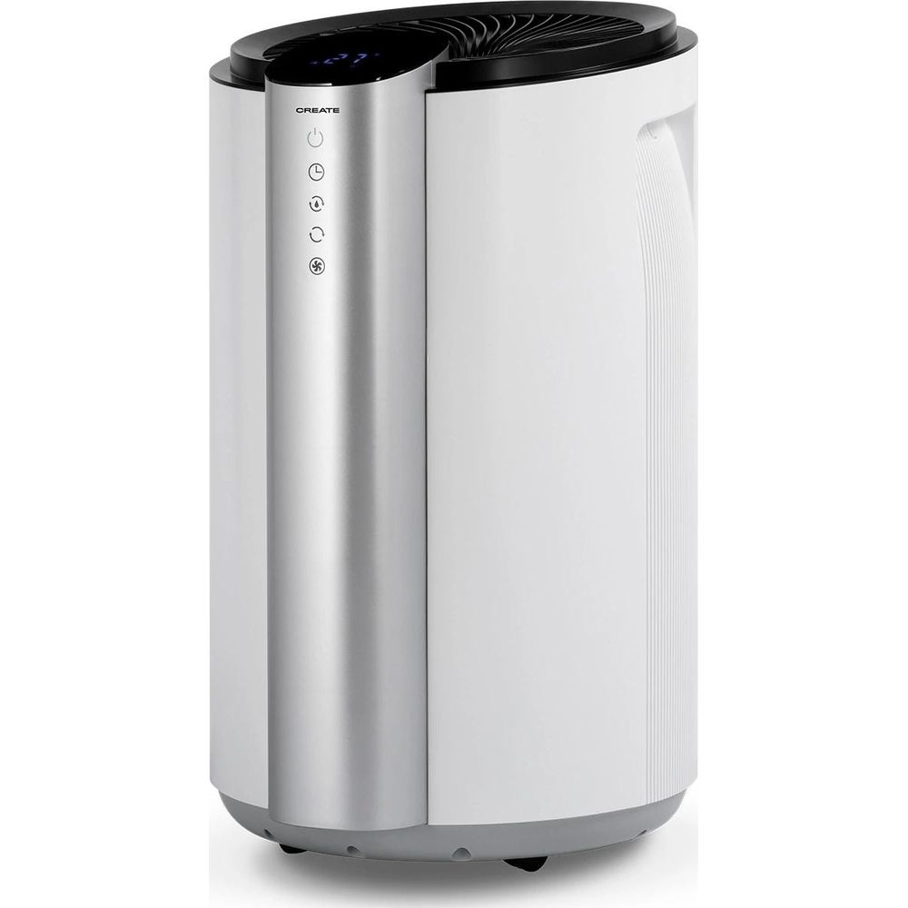 Un purificador de aire blanco con panel frontal plateado y botones.