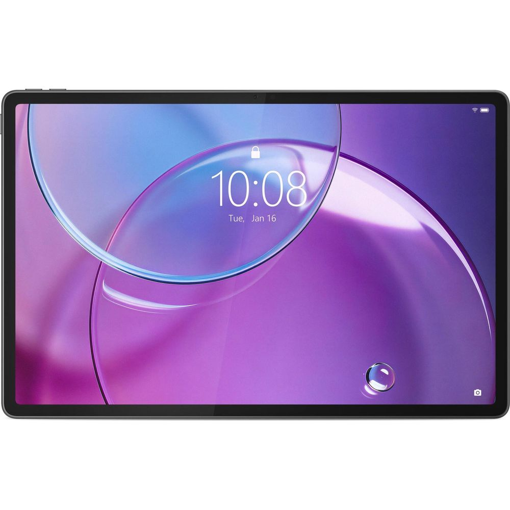Ein silberner Tablet-PC mit einem violetten Hintergrund und einer Uhrzeit von 10:08.