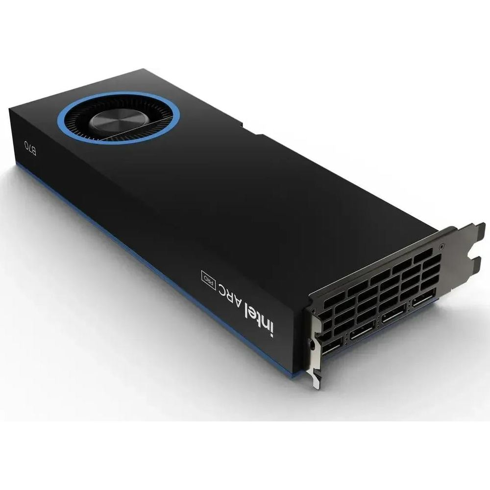 Scheda grafica Intel Arc Pro nera con anello ventola argentato e accenti blu.