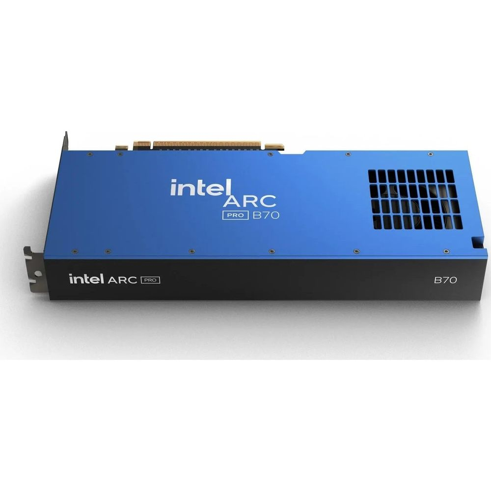 Una scheda grafica blu Intel Arc Pro B70 con fessure di ventilazione.