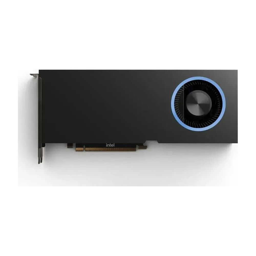 Scheda grafica Intel nera con anello luminoso blu attorno alla ventola, su sfondo bianco.