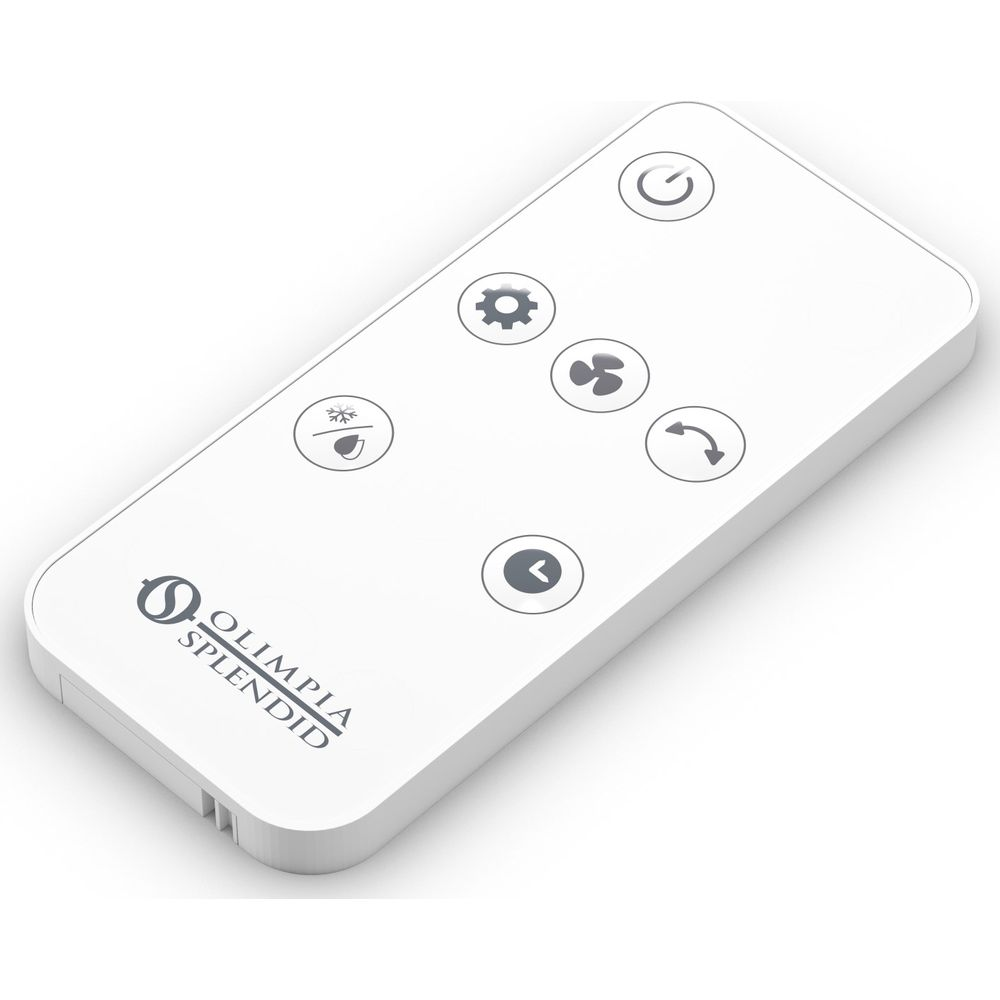 Mando a distancia blanco con iconos de encendido, ventilador, ajustes, refrigeración y flechas.