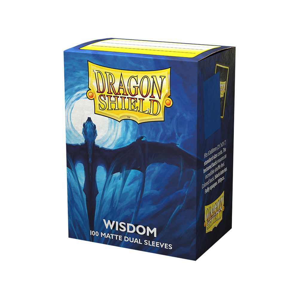 Eine blaue Kartenschutzschachtel mit einem Drachenbild und dem Logo "Dragon Shield Wisdom".