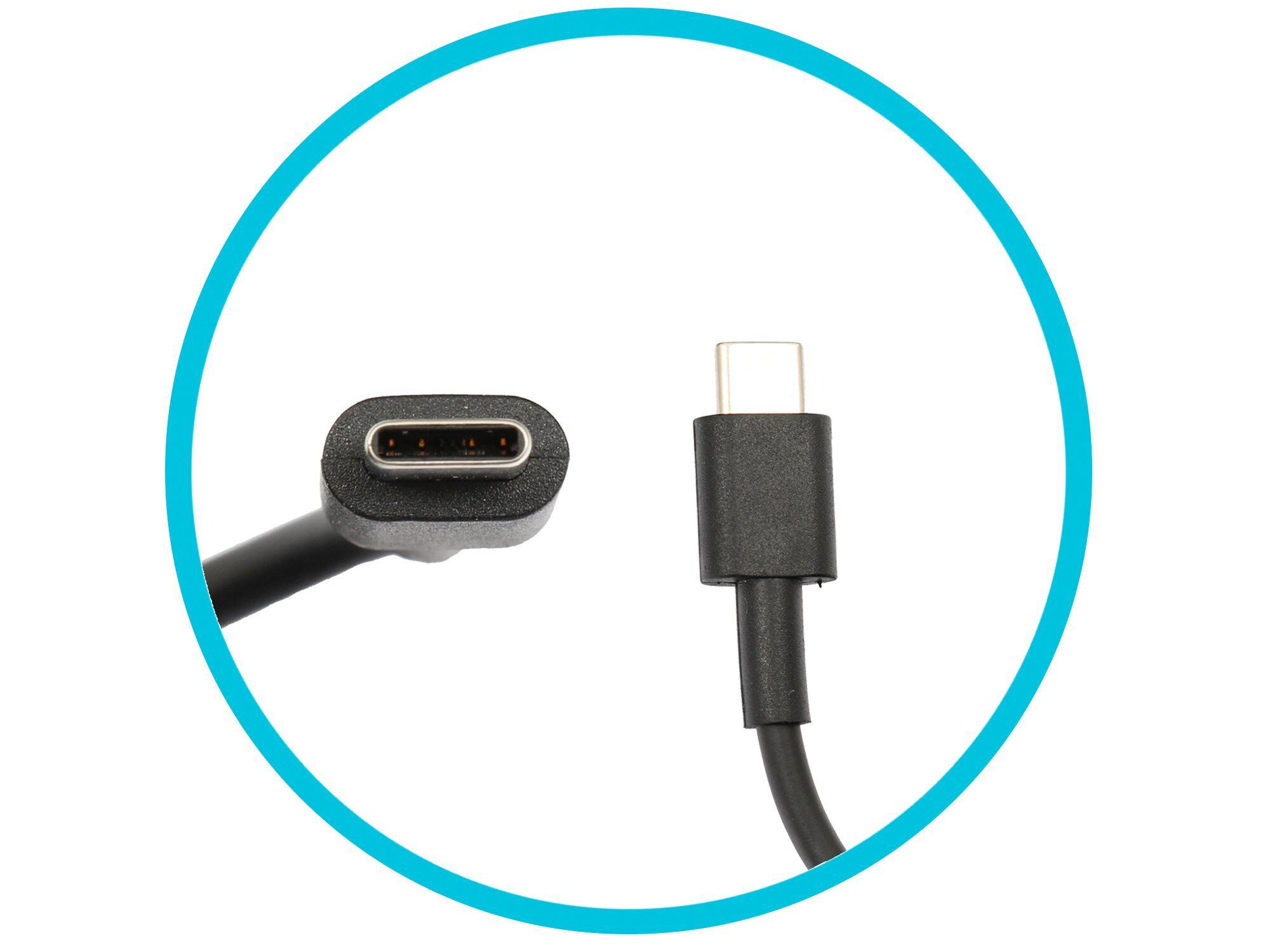 Zwei USB-C-Anschlüsse auf weißem Hintergrund, mit einem blauen Kreis.