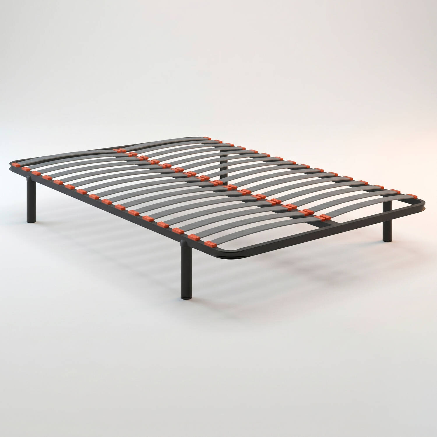 Un marco de cama de metal negro con muchas lamas y soportes naranjas.
