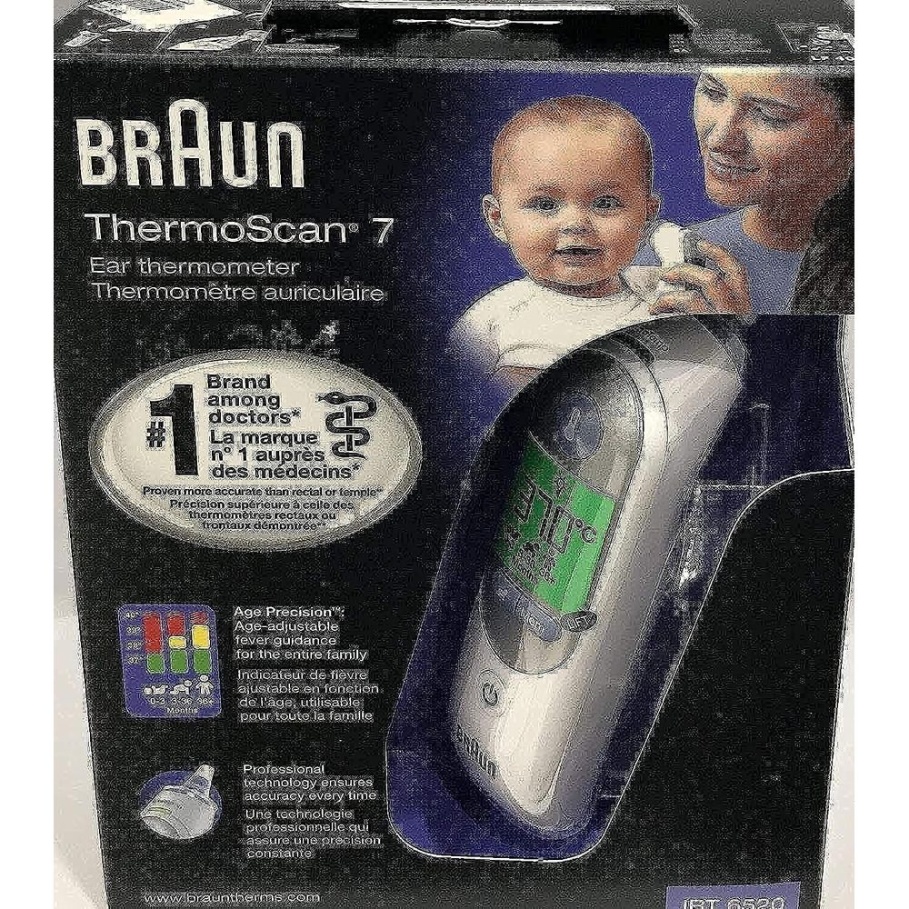 Braun ThermoScan 7 Ohrthermometer-Verpackung mit Baby und Mutter.