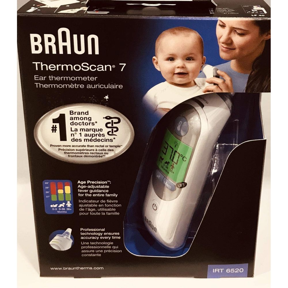 Verpackung eines Braun ThermoScan 7 Ohrthermometers mit Baby und Mutter.